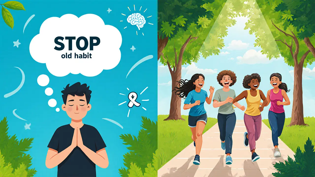 Klient aplikuje techniku STOP a běží ve skupině, kolem něj odplývají rušivé myšlenky.