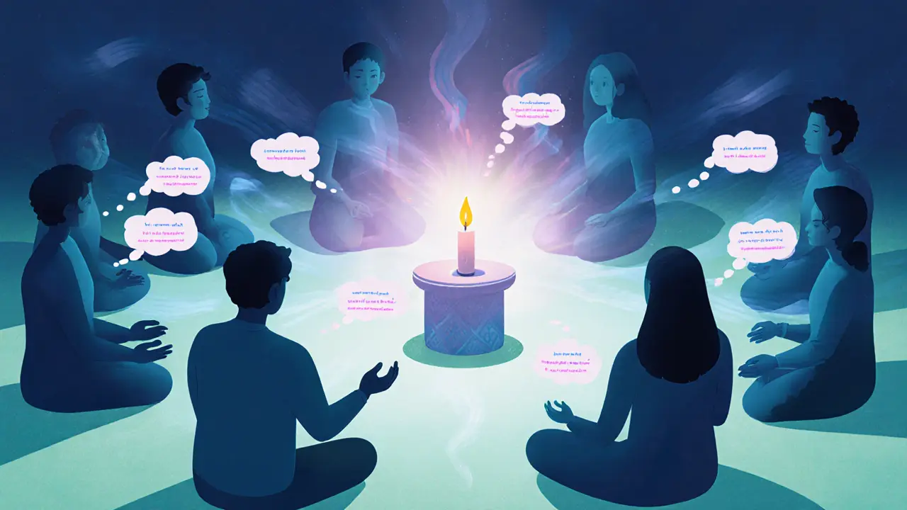 Společná dechová meditace a kruhové sdílení uprostřed klidného digitálního prostoru s blikající svíčkou.