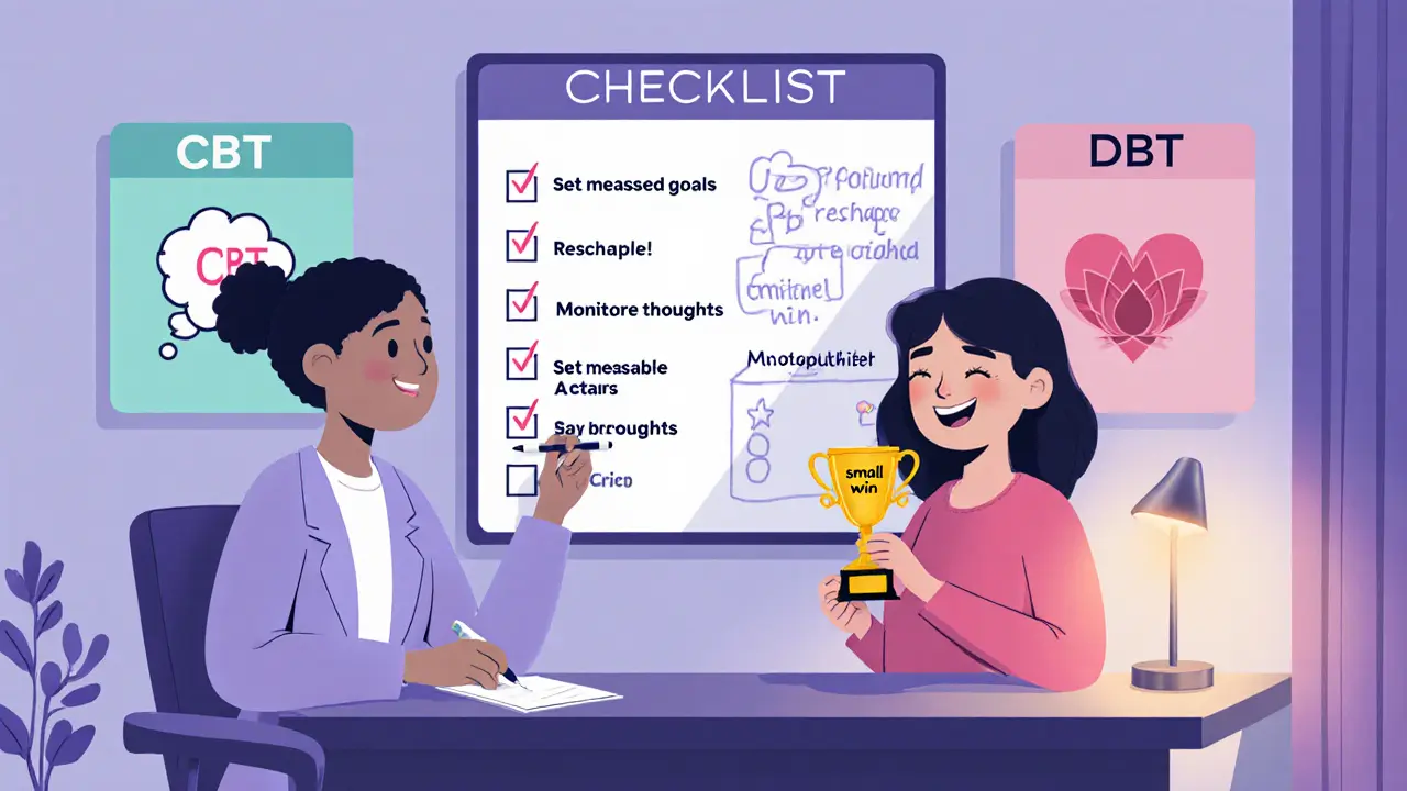 Terapeut kontroluje kontrolní seznam, klient slaví malý úspěch, zobrazeny ikony CBT a DBT.