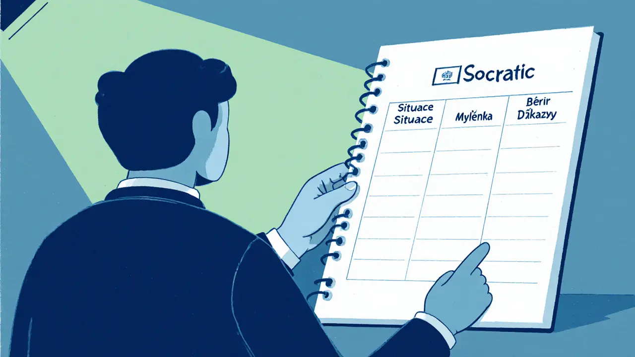 Terapeut ukazuje trojrozstupní tabulku, klient v částečném stínu symbolizuje popření.