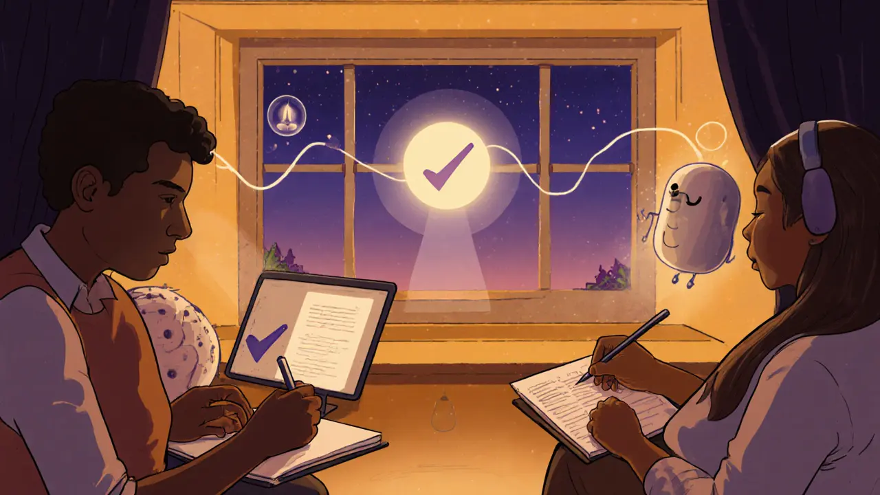 Zakončení sezení – zapisování poznámek, zhasnutí obrazovky a uklidňující zvukový signál s AI pomocníkem.