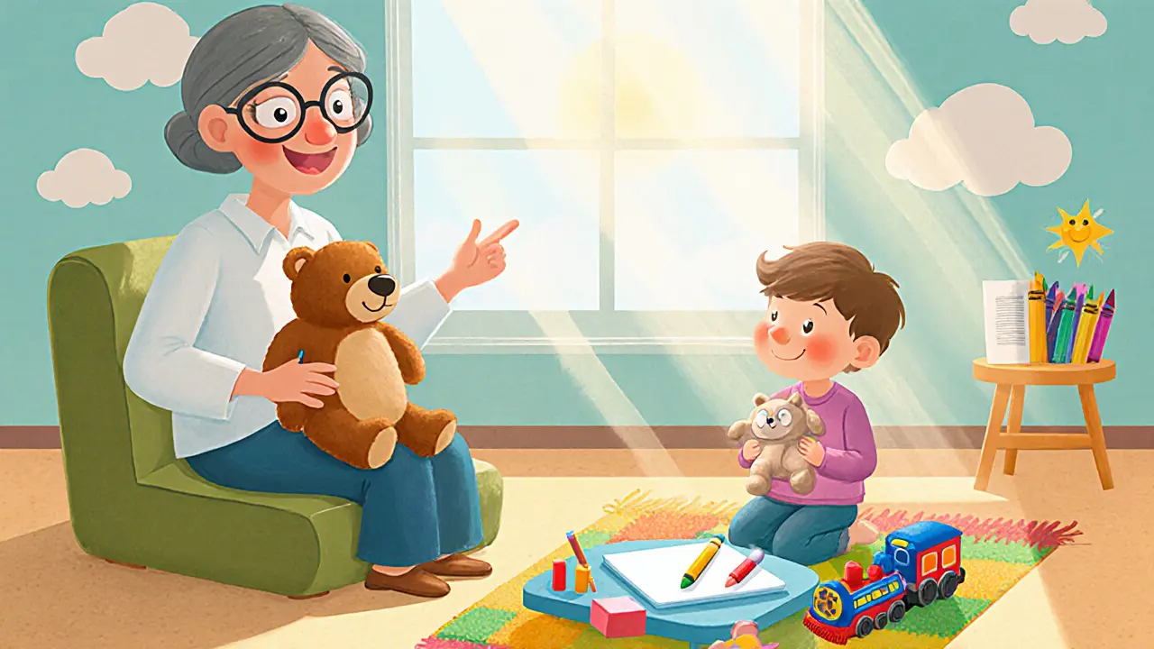 Dítě v přátelské místnosti s psychologem, obklopené hračkami a kreslicí tabulí.