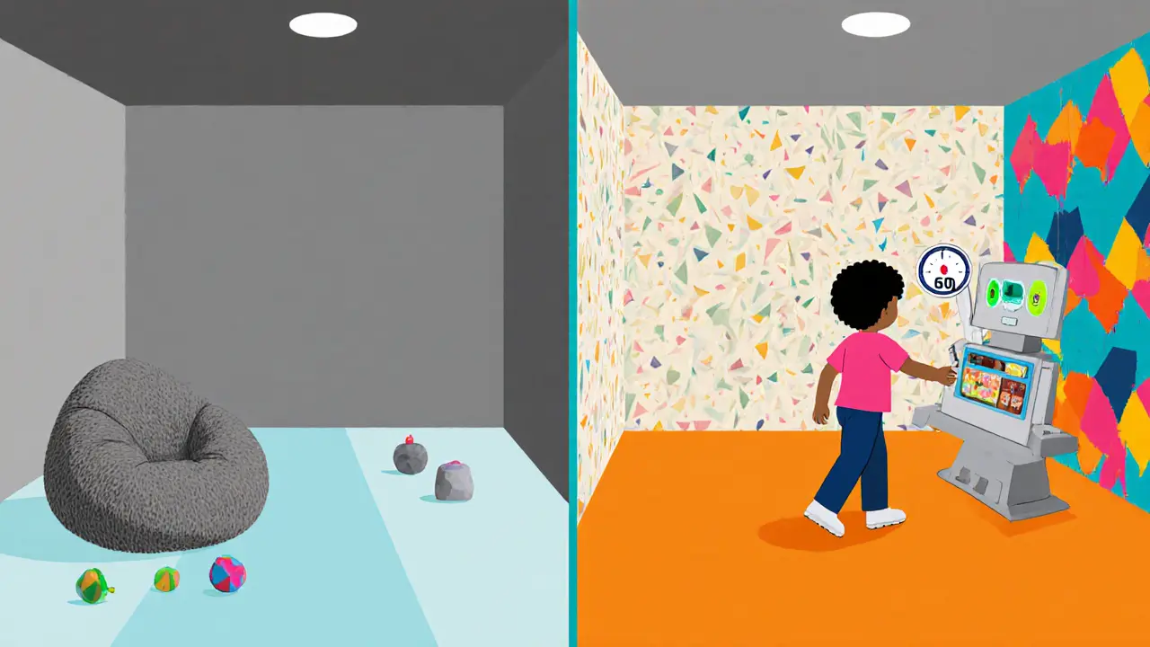 Jedna místnost rozdělena na klidovou a aktivační zónu s různým osvětlením a texturami.