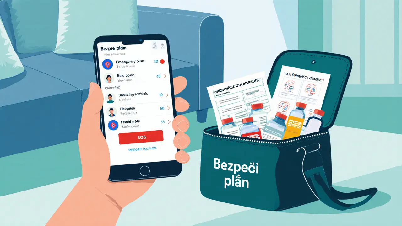 Mladý dospělý ukazuje aplikaci Bezpečný plán na telefonu vedle krizové tašky.