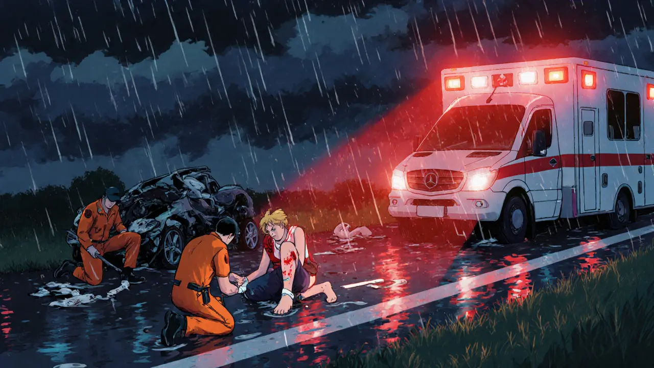 Na nehodě, první pomoc poskakuje u krvavé rány pod světly sanitky.