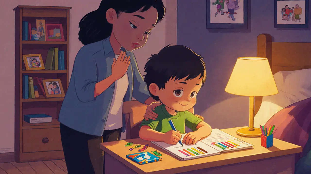 Po návštěvě dítě kreslí deník emocí, rodič ho chválí.