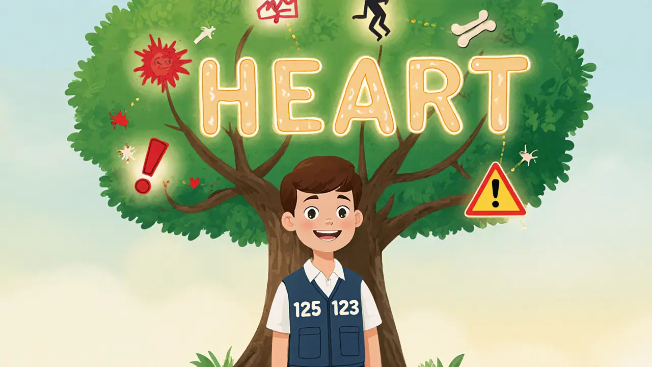 Postava ukazuje strom s písmeny HEART a ikonami pro různá krizová kritéria.