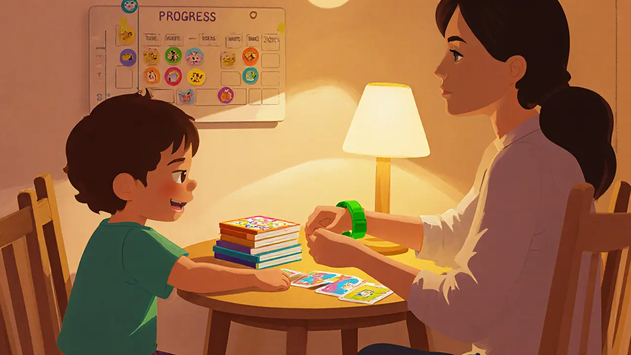 Rodič a dítě používají zelený náramek, doma cvičí sociální dovednosti.