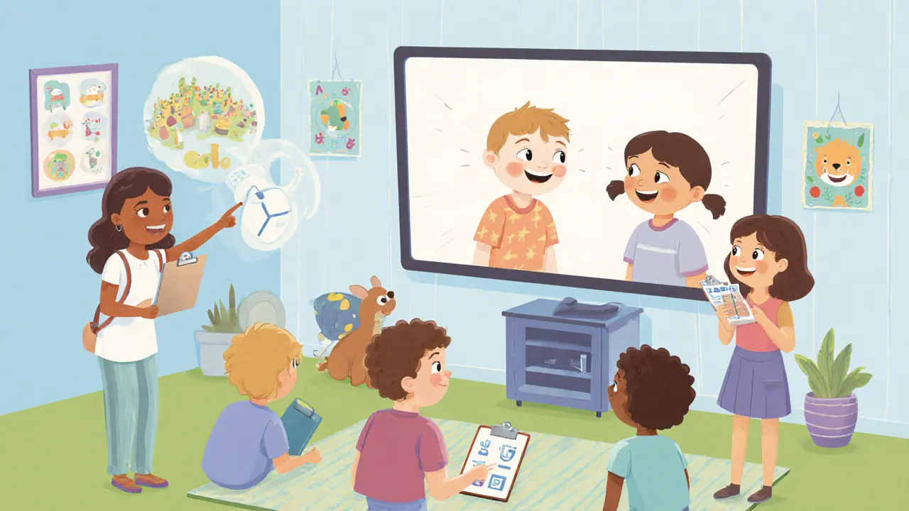 Skupina dětí sleduje video své interakce, terapeut ukazuje na neverbální signály.