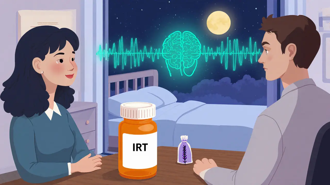 Terapeut a pacient diskutují o IRT, léku a neurofeedbacku v uklidňujícím interiéru.