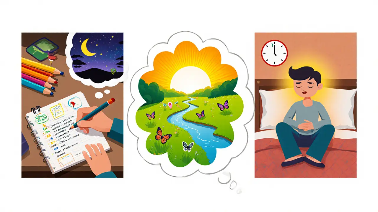 Tři panely ukazují zápis snu, přeměnu na klidnou scenérii a vizualizační cvičení.