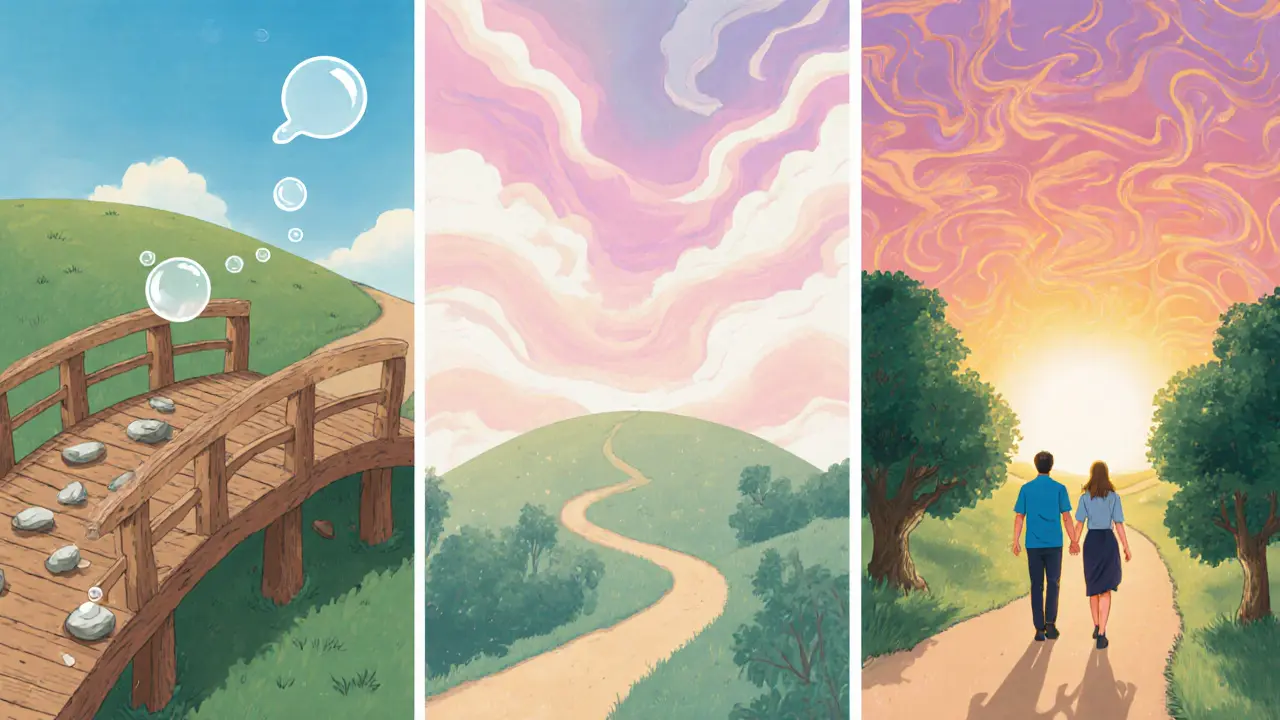 Cesta rozdělená do tří fází – stabilizace, zpracování a integrace – s terapeutem po boku klienta.