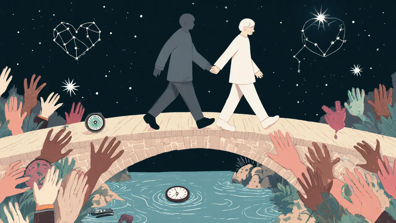 Osoba kráčí s vlastní stínovou verzí, která se mění v jasné já, přes most z rukou.