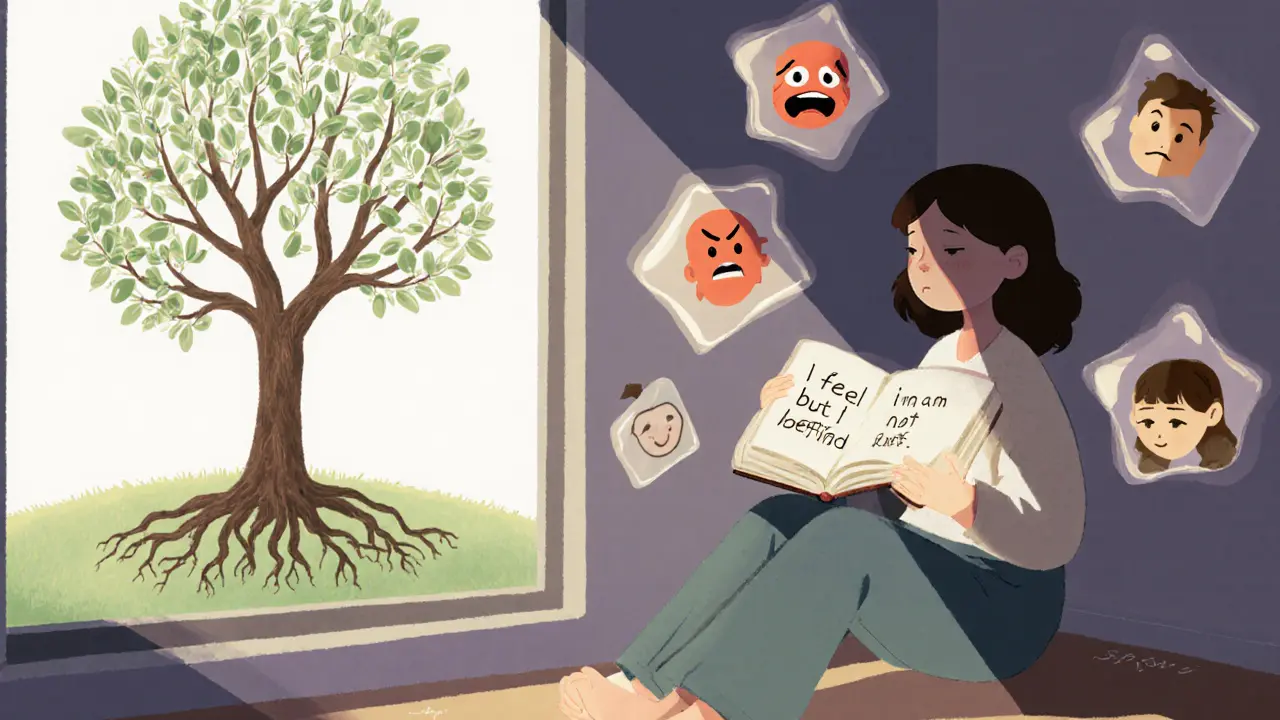 Osoba sedí v klidné místnosti, emoce se mění ve světlo, drží deník s větou o sebevědomí.