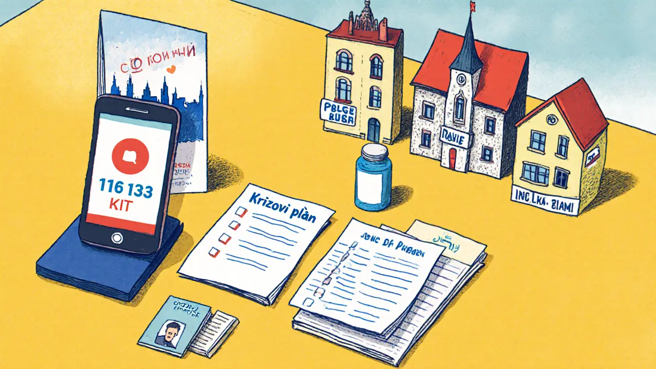 Přehled krize "kit" s telefonem, lepkem, pilulkou a ikonami čtyř krizových center.
