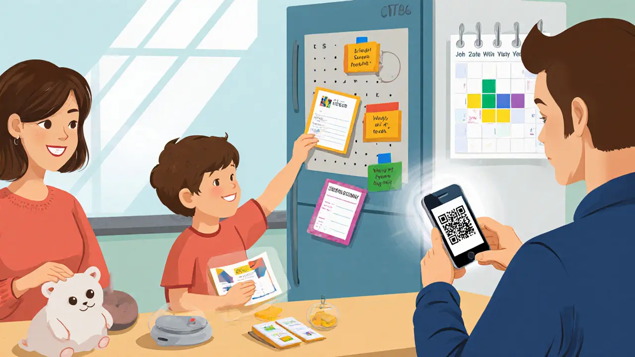 Rodina používá magnetické karty a QR kód v uspořádané kuchyni.