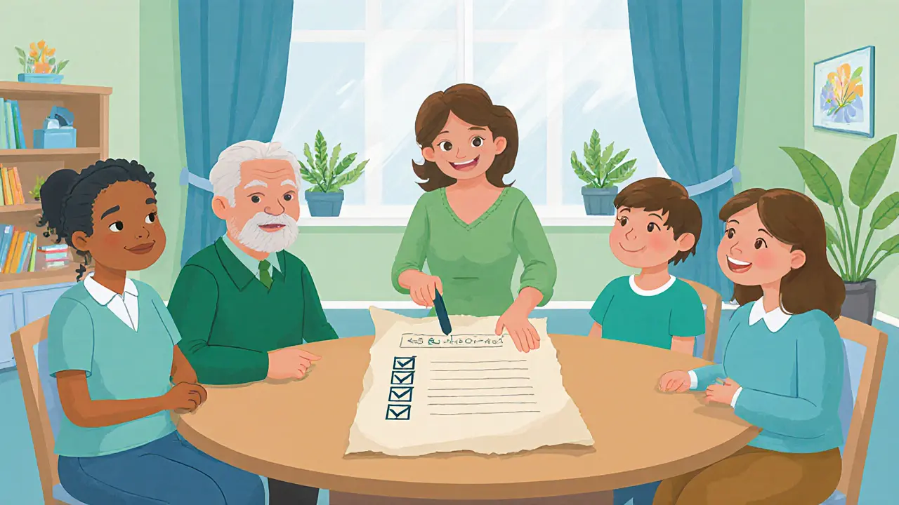 Terapeut, pacient a rodina společně kontrolují checklist v přátelské ilustraci, vyjadřující úspěšný integrovaný plán.