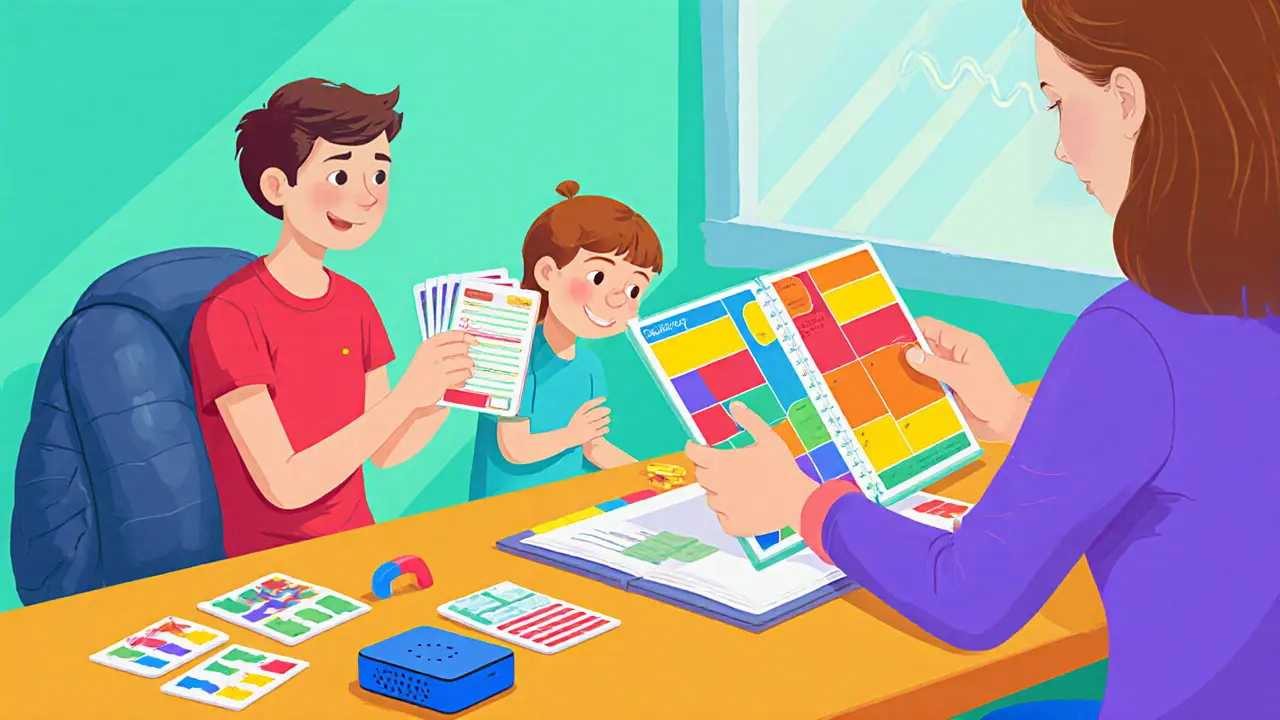 Terapeut ukazuje barevný plánovač a senzorické pomůcky dětím.