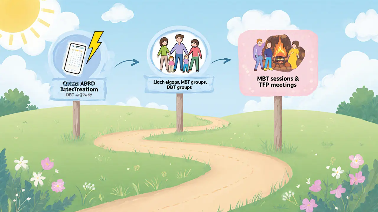 Trojfázový plán BPD zobrazený jako pastelová časová osa s ikonkami krizové pomoci, skupinových sezení a rodinných setkání.