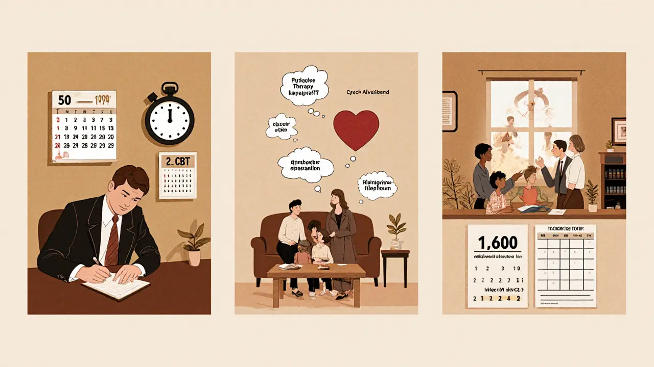 Historické kanceláře a čtyři typy terapie v oddělených panelových scénách.