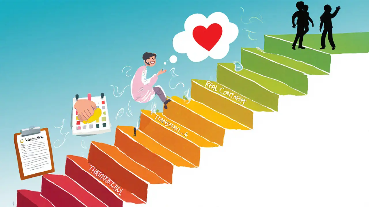 Ilustrace tří úrovní terapeutického vztahu – strukturovaný plán, emotivní kontakt a přenos – zobrazené jako barevné schody.