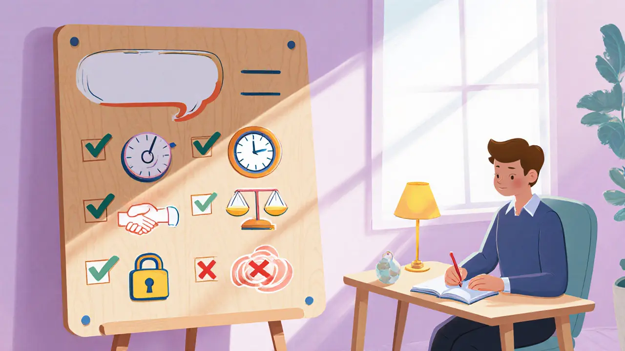 Kontrolní seznam pro výběr terapeuta s ikonkami (mluvení, čas, zámek, upřímnost) a klientův zápis pocitů po sezení.