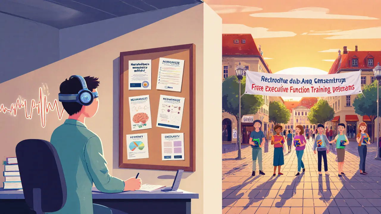 Laboratoř s EEG headsetem a městské náměstí s transparenty o tréninku exekutivních funkcí, vyzařující naději.