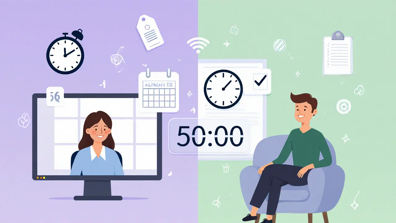 Teleterapie s terapeutem na obrazovce, klient doma a digitální odpočet 50 minut.