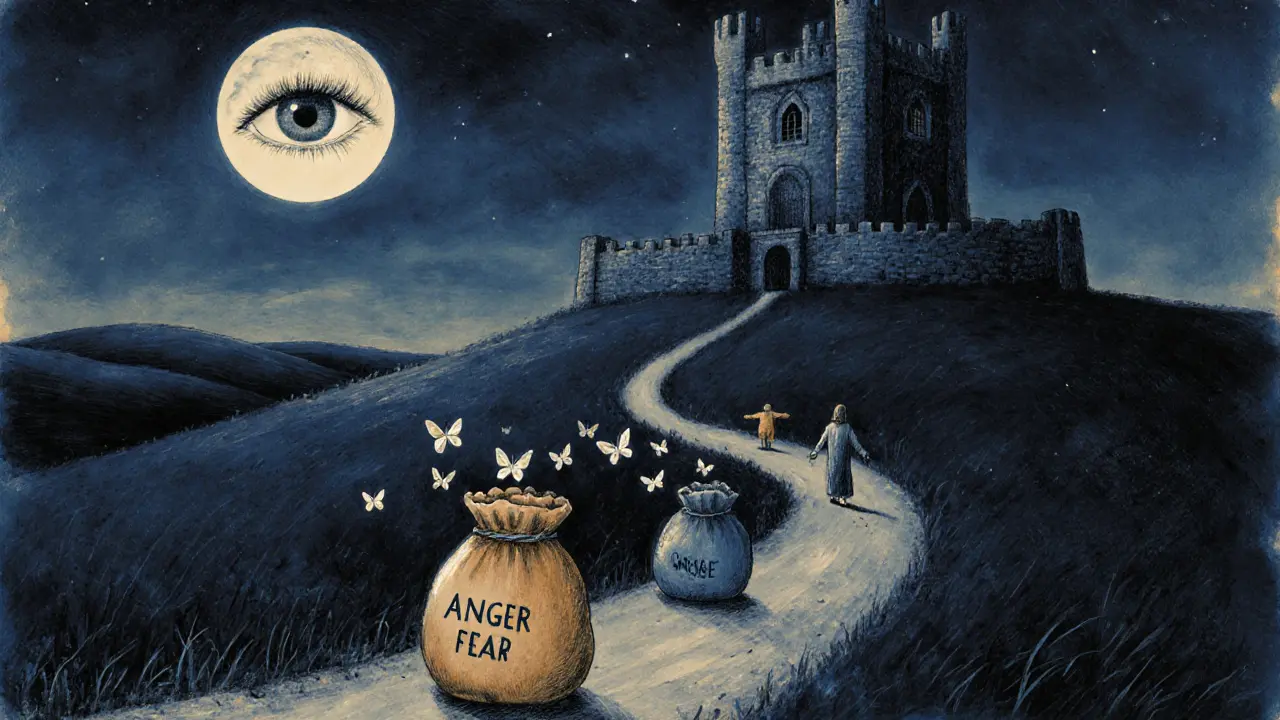 Cesta k hradu bez dveří, kde lidé odloží své těžké pytle a uvolňují světelné motýly.