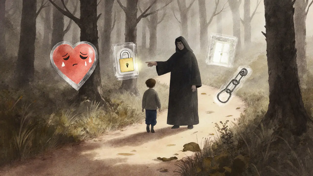 Cesta skrz les s průvodcem, kteří symbolizují vnitřní prožitky a přeměnu.