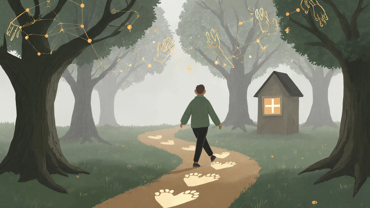 Člověk kráčí lesem, jeho stopy se mění v srdce, v dálce svítí klinika mezi stromy.