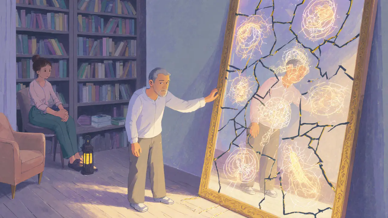 Dospělý stojí před rozbitým zrcadlem, jeho tělo je průhledné, uvnitř svítí nervové spojení.