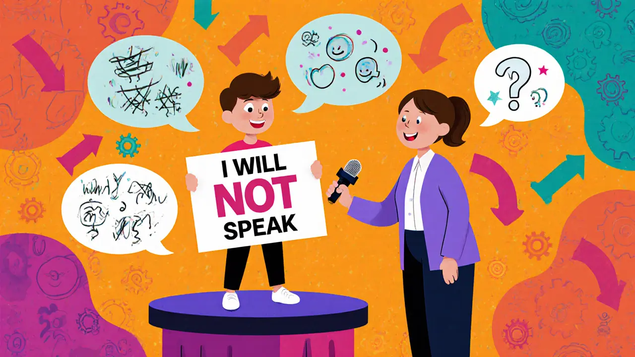 Klient na jevišti drží plakát "Nebudu mluvit" a dostává mikrofon při paradoxní intervenci.