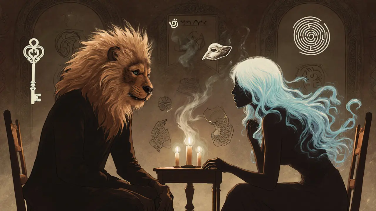 Muž a žena sedí spolu, jejich siluety se spojují s archetypickými symboly animy a animusu.