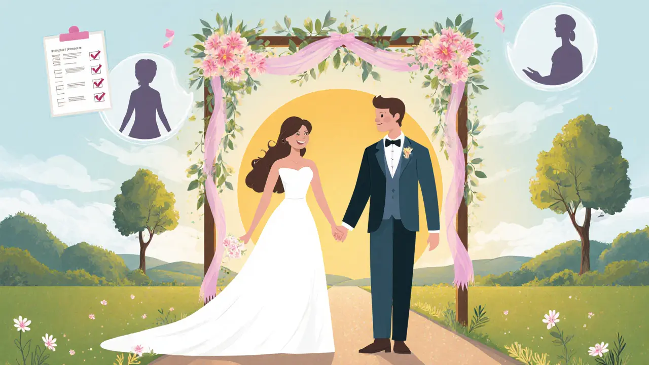 Novomanželé pod květinovým obloukem s duchy terapeuta a sluncem v pozadí.