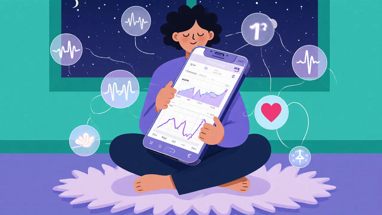 Osoba používá mobilní aplikaci pro sledování nálady, obklopena symboly biofeedbacku a dýchacích cvičení.