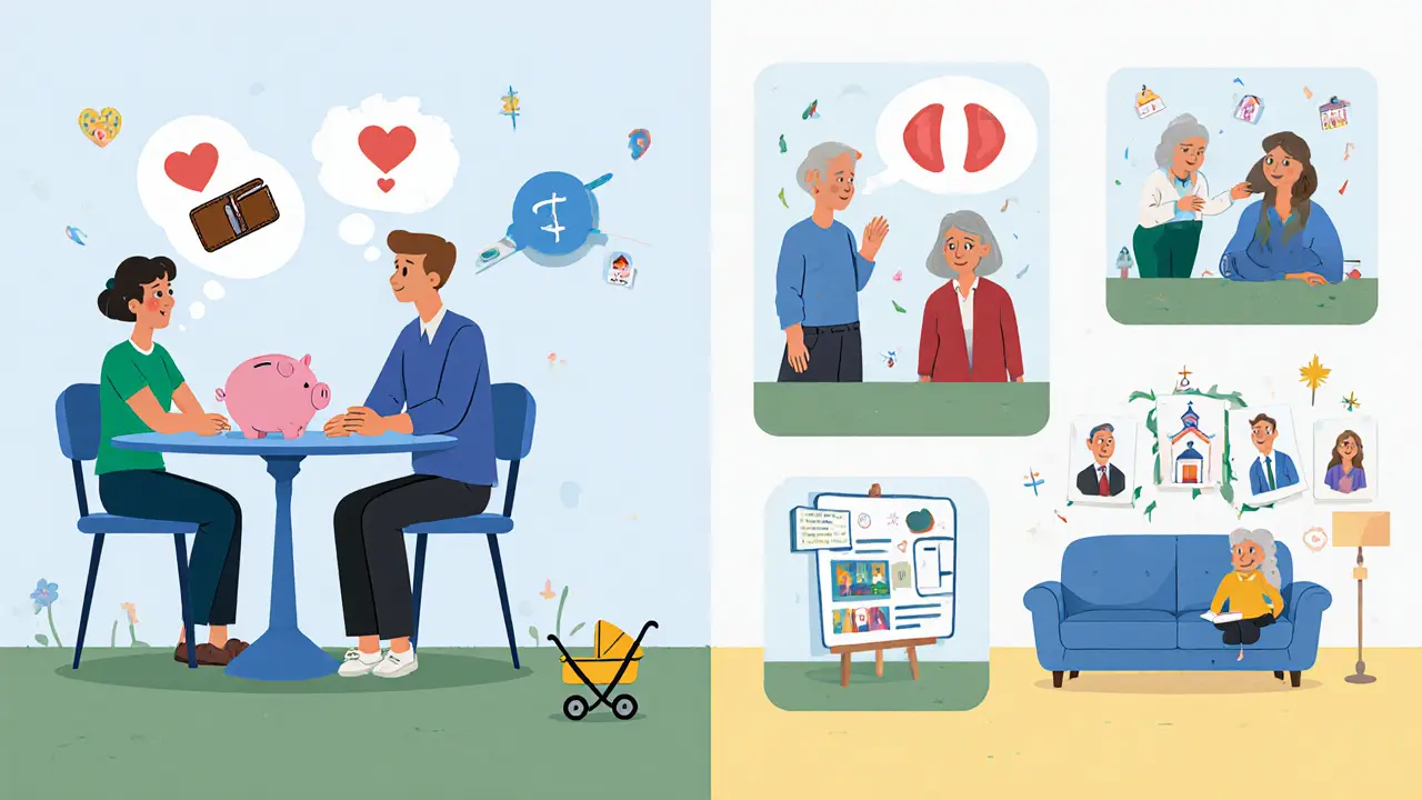 Pár v sérii scén ukazujících finance, komunikaci, rodinu, intimitu a cíle.