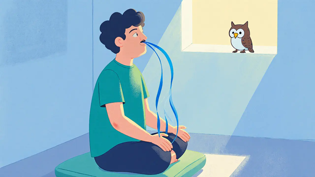 Postava praktikující hluboké břišní dýchání, obklopena modrými proudy vzduchu.