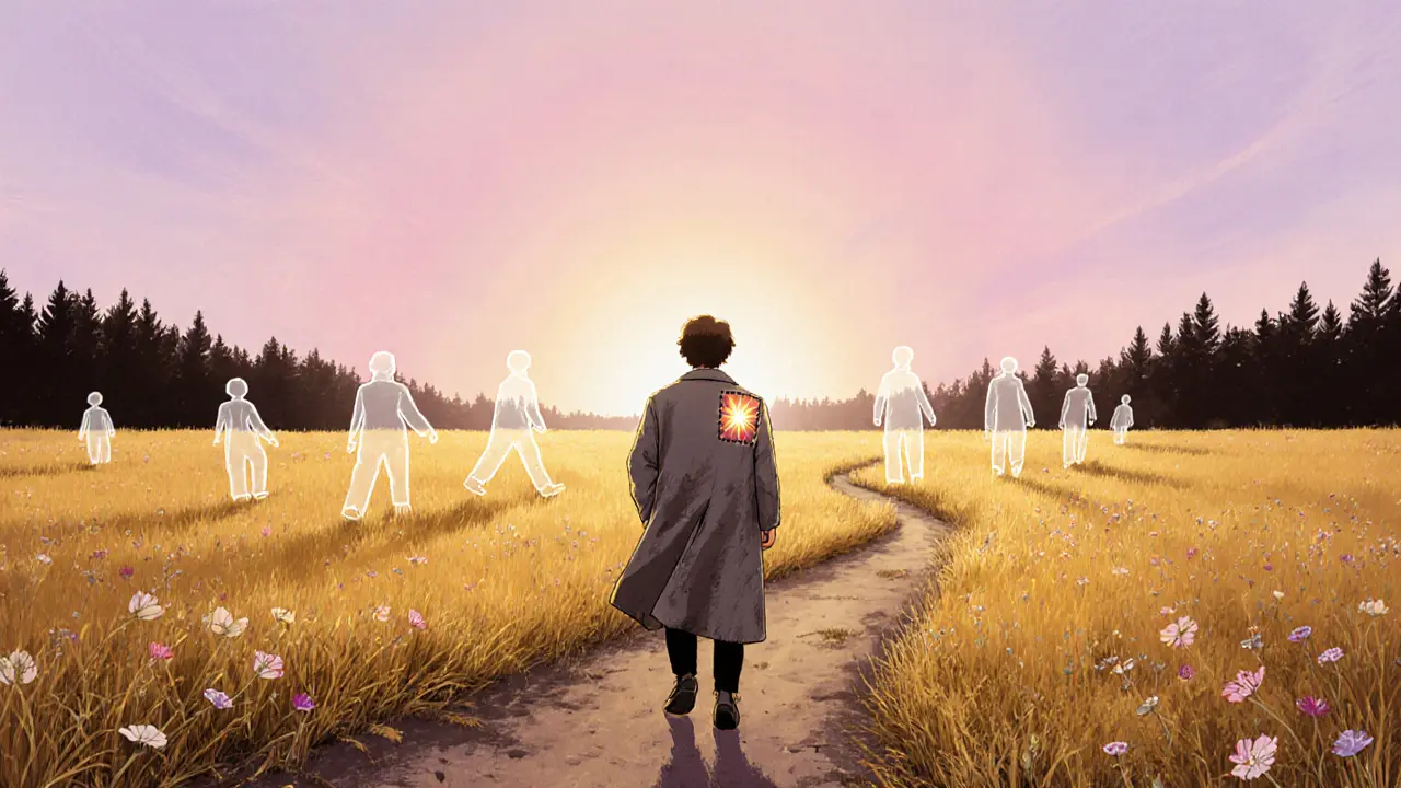 Postava stojí na prahu slunečné louky, za ní zaniká les, před ní se rodí nové cesty.