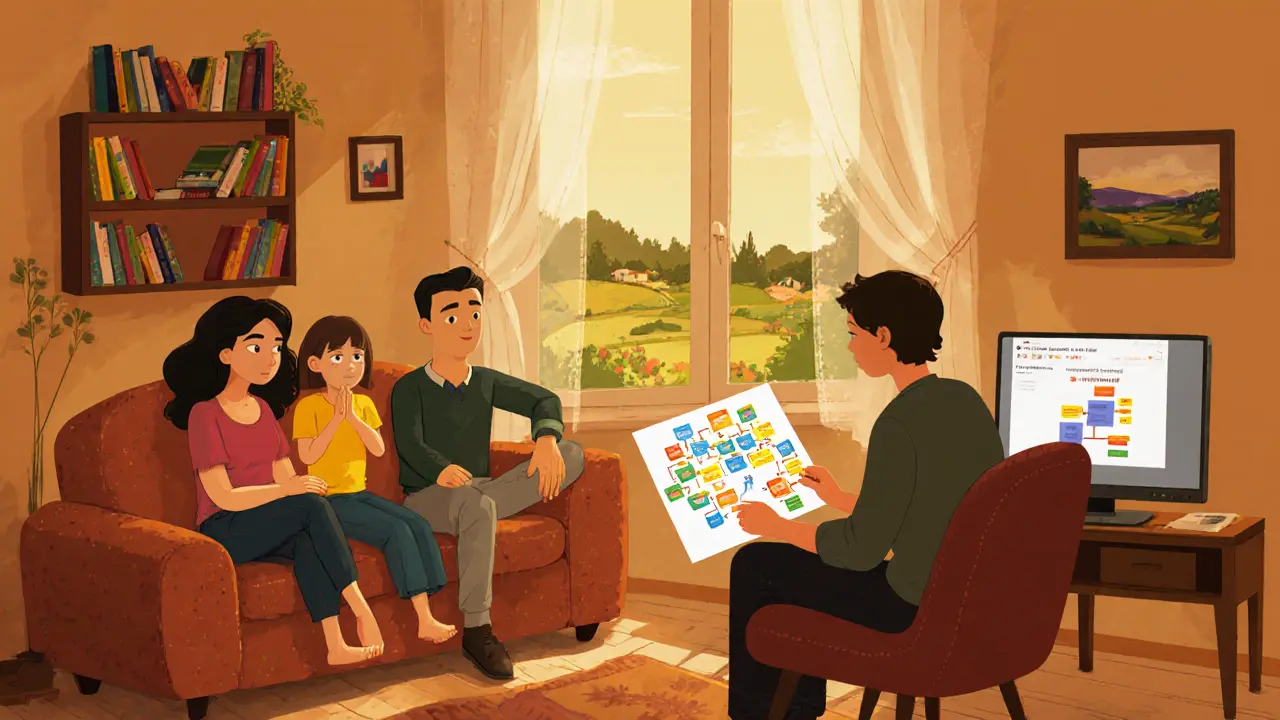 Rodinná terapie v obývacím pokoji s terapeutem a dítětem.