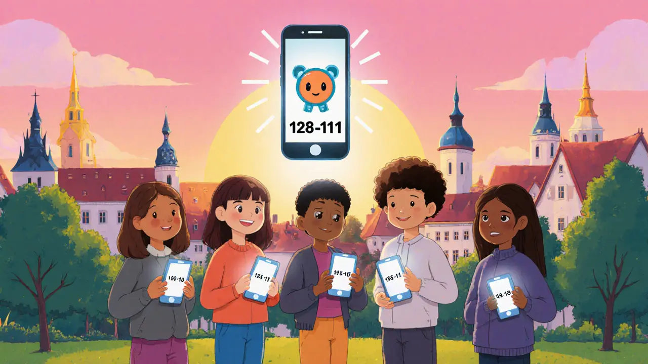 Skupina dětí s chytrými telefony, nad nimi aplikace, na pozadí rozbřesk nad městem.