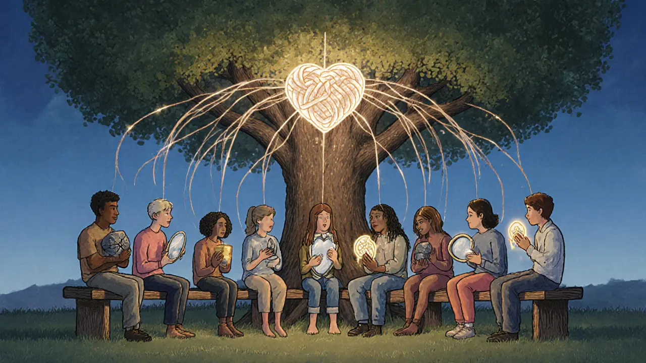 Skupina lidí pod stromem, jejichž emoce se spojují do společného světla.