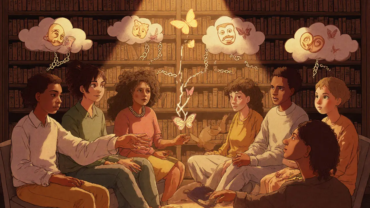 Skupina lidí v terapeutické místnosti se pomalu spojuje, jejich temné stíny se mění v motýly.