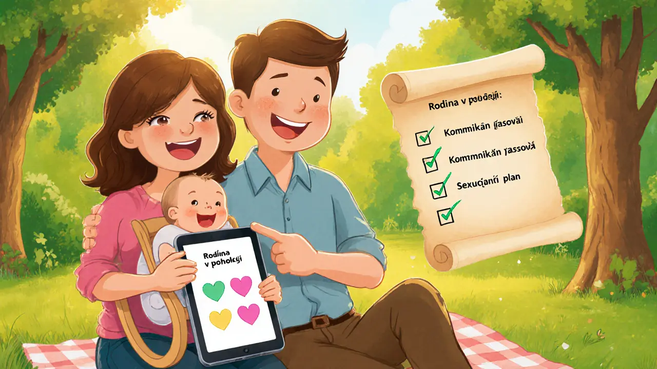 Šťastná rodina v parku po terapii, rodiče s dítětem a aplikací "Rodina v pohodě" na tabletu.