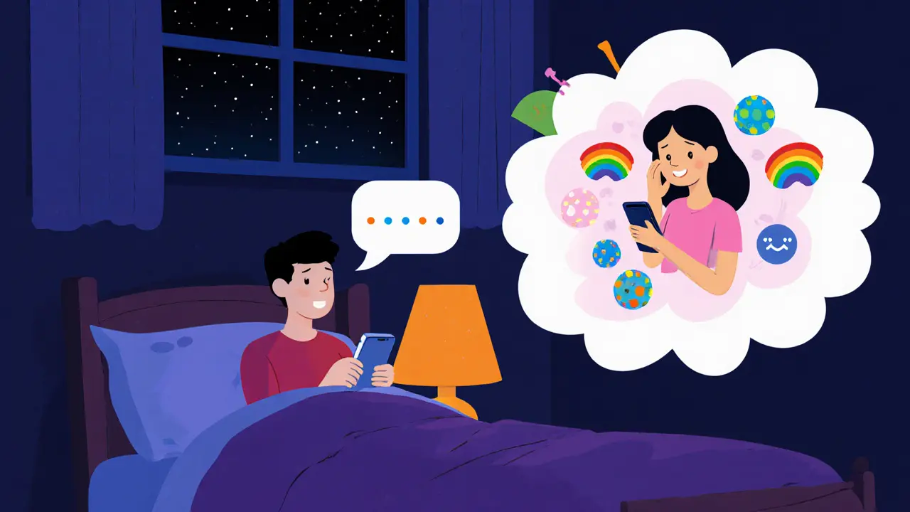 Teenager v pokoji večer na telefonu a chatu, doprovázený empatickou postavou z mraku.