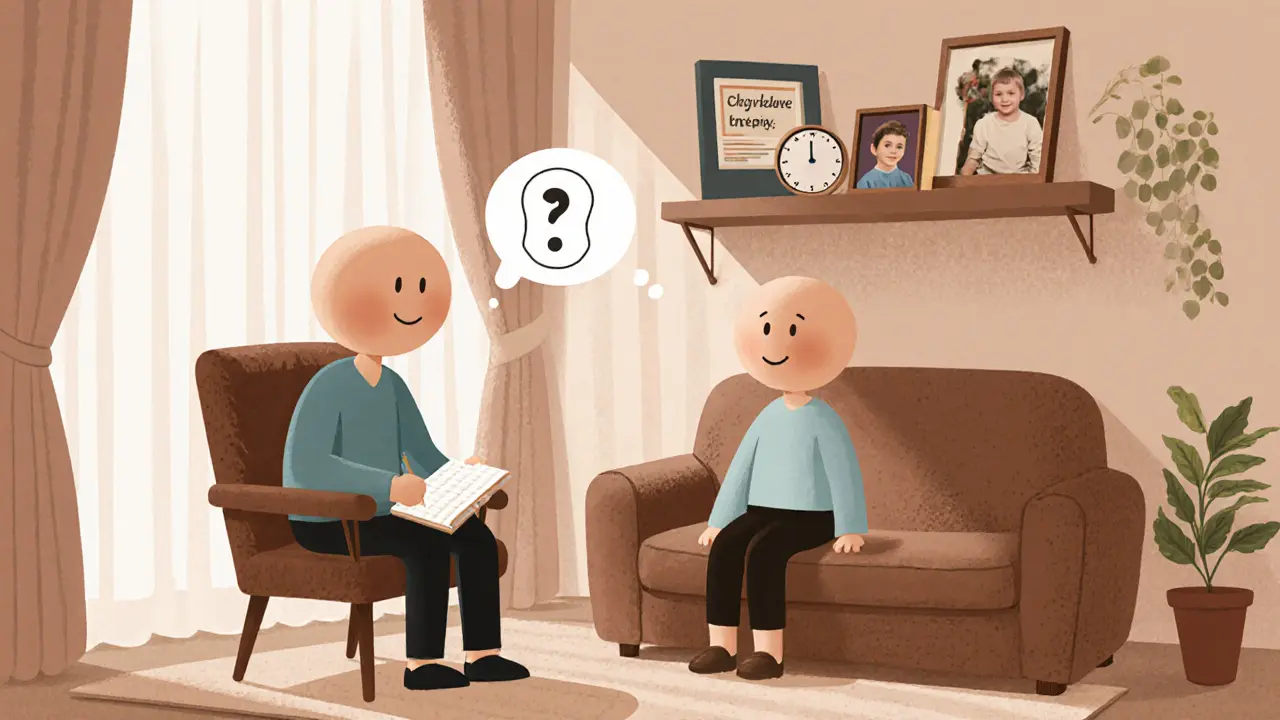 Terapeut a klient sedí v útulné místnosti, terapeut klade otázku.