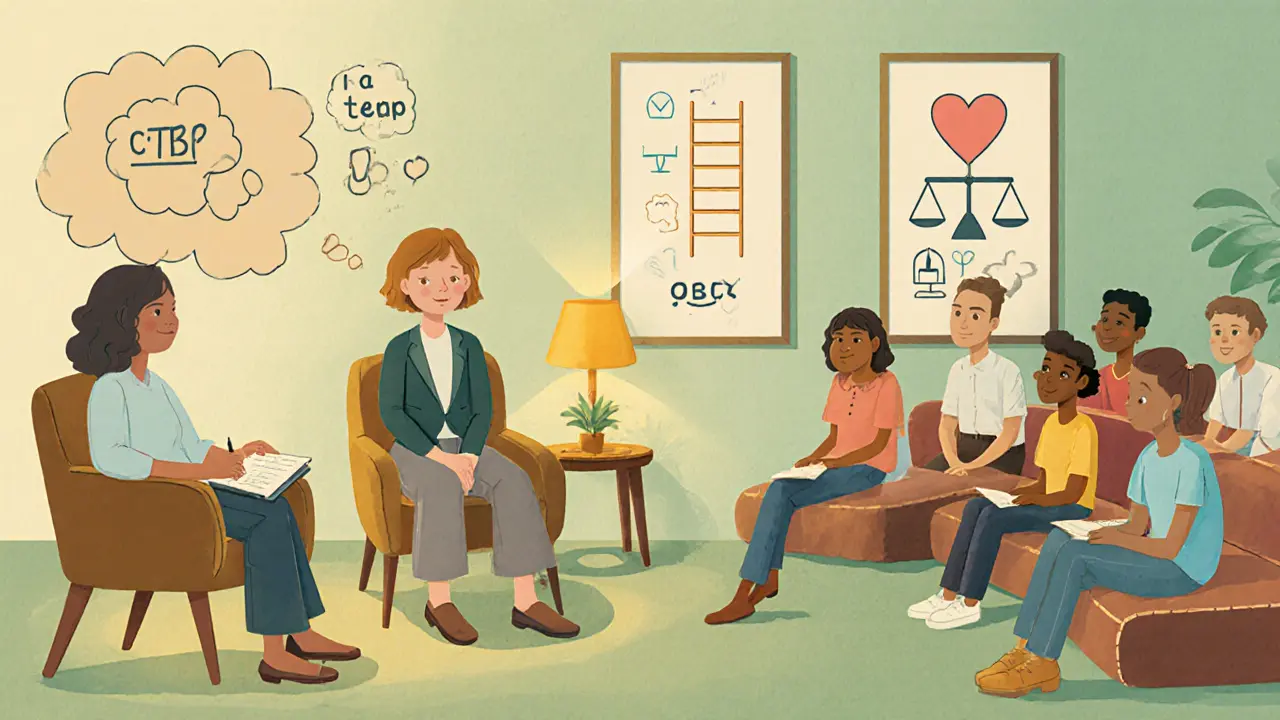 Terapeut a klient v útulné místnosti, doplněni o skupinové sezení a symboly CBT a DBT.