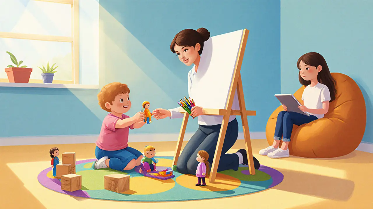 Terapeut hraje s dítětem, zatímco teenager hovoří v rozhovoru.