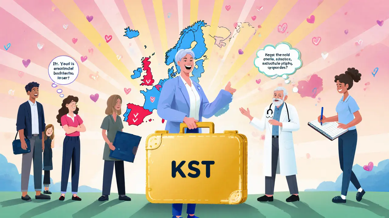 Terapeut předává klientům zlatou krabičku KST, zatímco mapka Evropy ukazuje rozšiřování terapie.