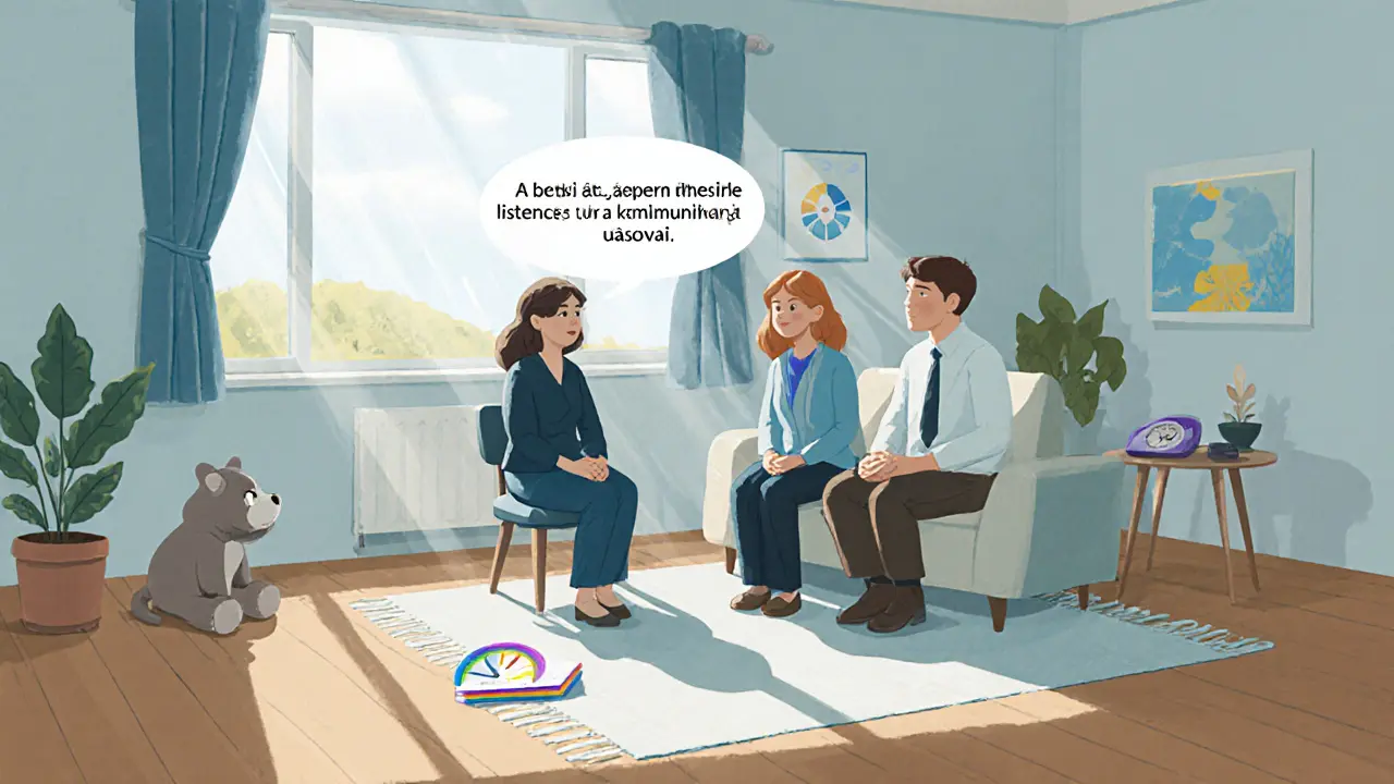 Terapeuté a pár v terapeutické místnosti, procvičují aktivní naslouchání a používají komunikační časovač.